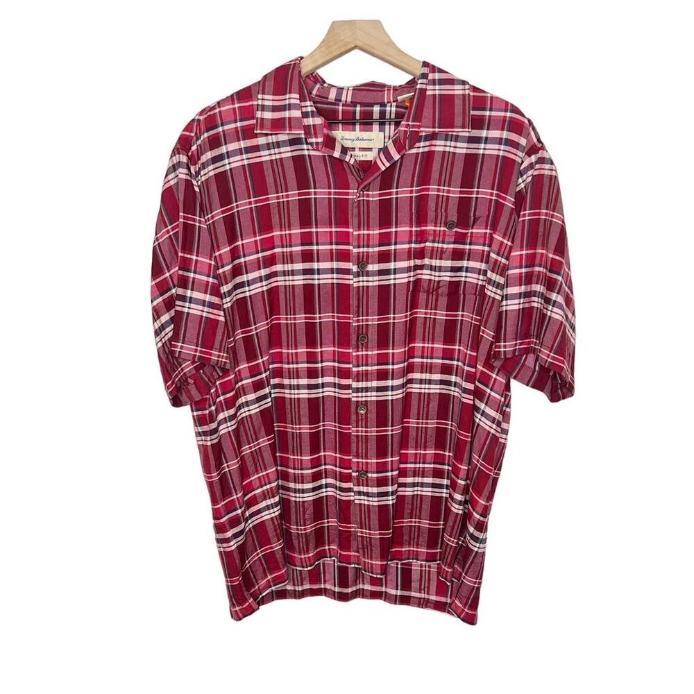 TOMMY BAHAMA Men's L Silk Red Plaid Button Front Casual Shirt Short Sleeve